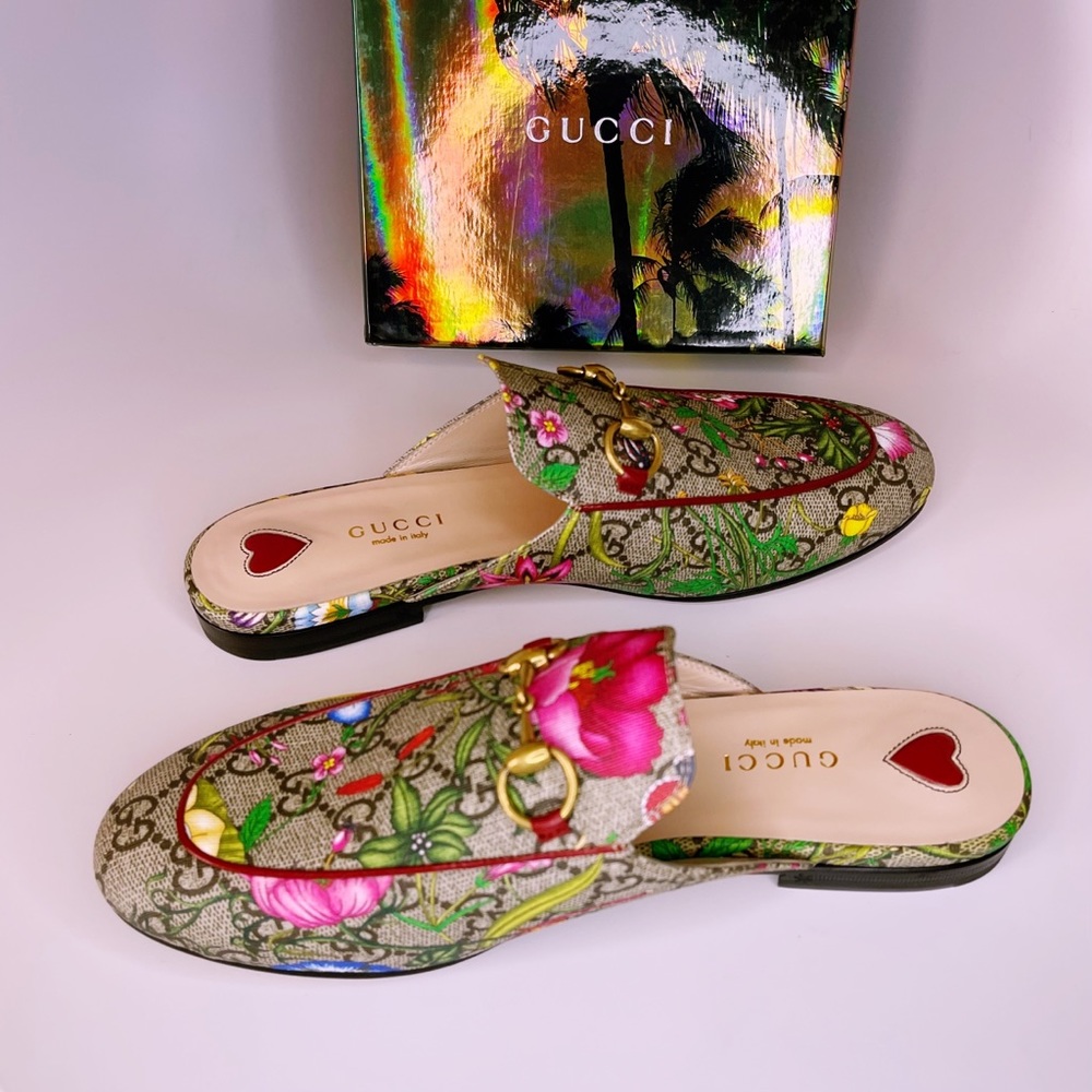 GUCCI Princetown Horsebit GG Supreme Flora Print Slippers Sandals Slip-on Shoes - Picture 8 of 13
